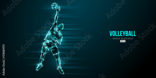 Abstract silhouette of a volleyball player on blue background. Volleyball player man hits the ball. Vector illustration