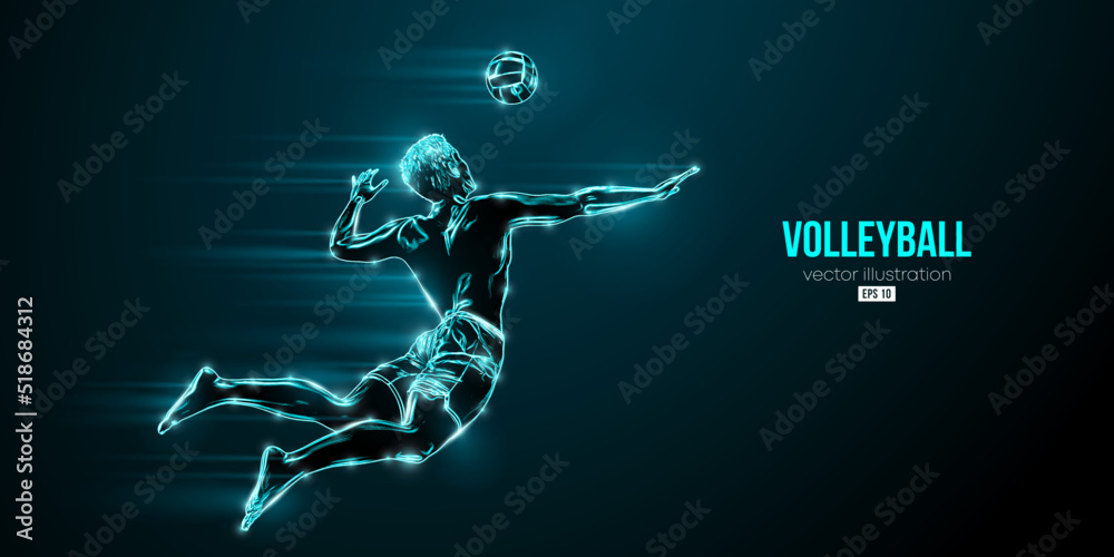 Abstract silhouette of a volleyball player on blue background. Volleyball player man hits the ball. Vector illustration