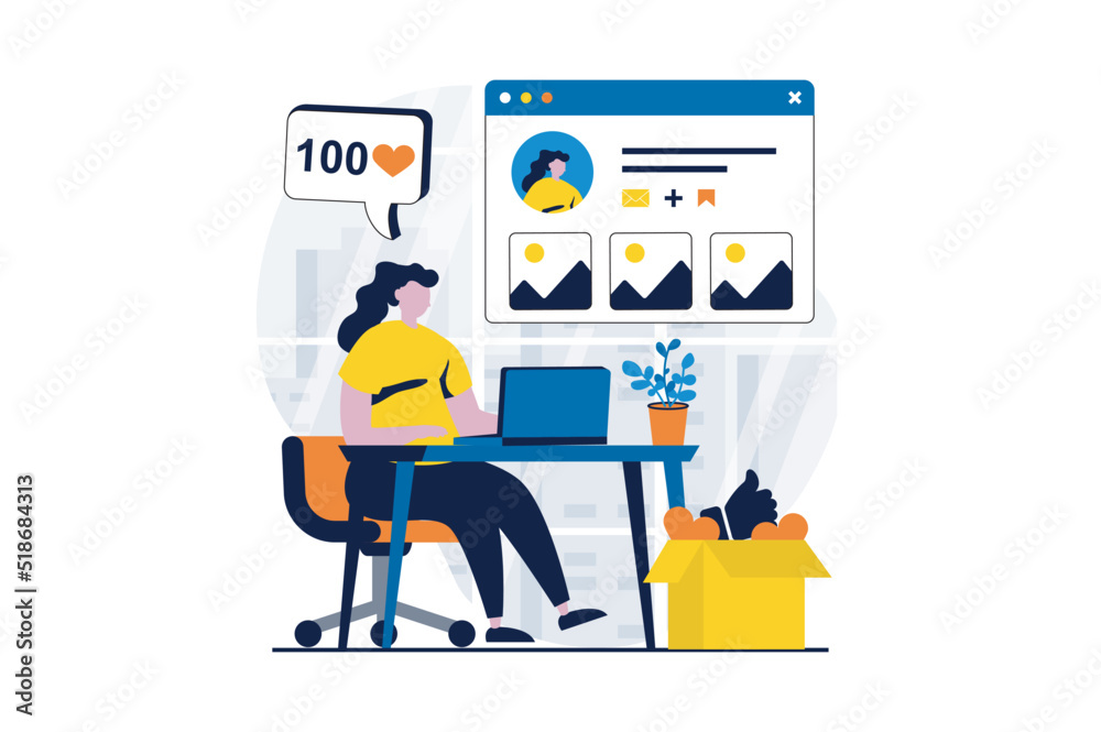 Social network concept with people scene in flat cartoon design. Woman edits her online profile using laptop, posting photos, sharing digital content online. Vector illustration visual story for web