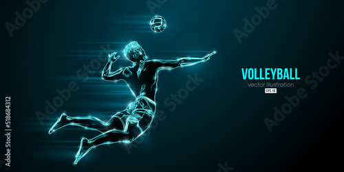 Abstract silhouette of a volleyball player on blue background. Volleyball player man hits the ball. Vector illustration