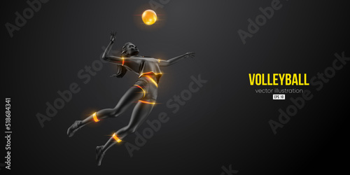 Abstract silhouette of a volleyball player on black background. Volleyball player woman hits the ball. Vector illustration
