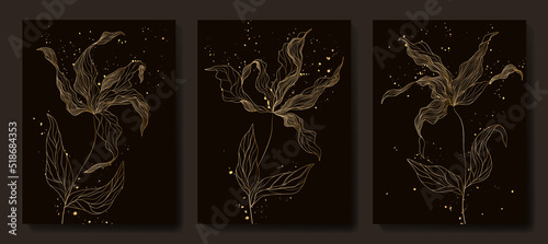 Luxury dark art background with flowers in golden line style. Set of hand drawn vector botanical posters for print design, wallpapers, decor, interior design, invitations.