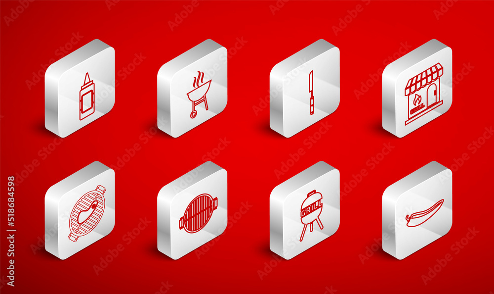 Set line Hot chili pepper pod, Barbecue grill, knife, shopping building, Mustard bottle, and with steak icon. Vector Set line Hot chili pepper pod, Barbecue grill, knife, shopping building, Mustard bottle, and with steak icon. Vector