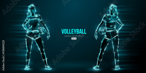 Abstract silhouette of a volleyball player on blue background. Volleyball player woman hits the ball. Vector illustration