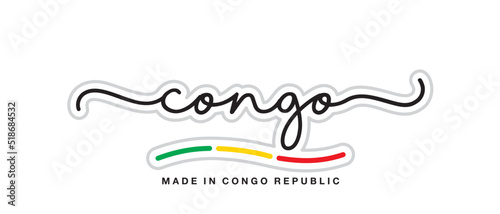 Made in Congo, new modern handwritten typography calligraphic logo sticker, abstract Congo Republic flag ribbon banner