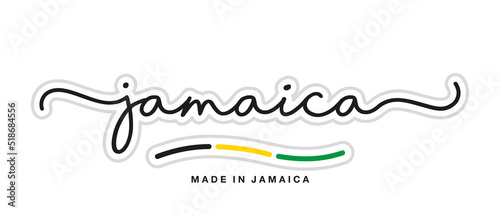 Made in Jamaica, new modern handwritten typography calligraphic logo sticker, abstract Jamaica flag ribbon banner