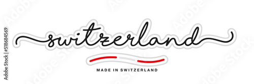 Made in Switzerland, new modern handwritten typography calligraphic logo sticker, abstract Switzerland flag ribbon banner