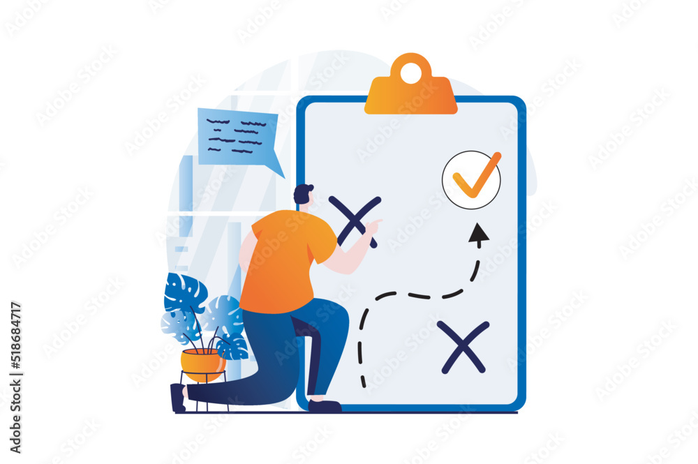 Strategic planning concept with people scene in flat cartoon design. Man develops strategy for project and draws direction of route to improve business. Vector illustration visual story for web