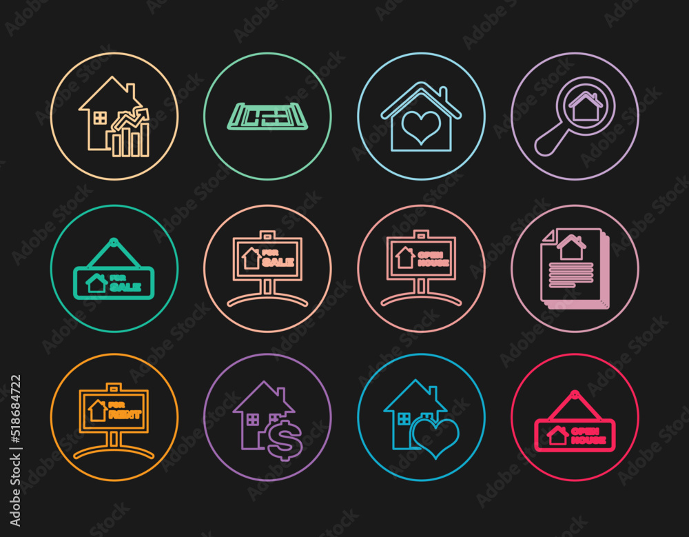 Set line Hanging sign with Open house, House contract, heart shape, For Sale, Rising cost of housing, and plan icon. Vector Set line Hanging sign with Open house, House contract, heart shape, For Sale, Rising cost of housing, and plan icon. Vector