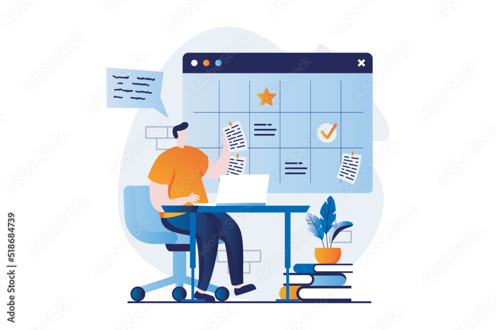 Strategic planning concept with people scene in flat cartoon design. Man develops project strategy, brainstorming, sets tasks, organizes business workflows. Vector illustration visual story for web