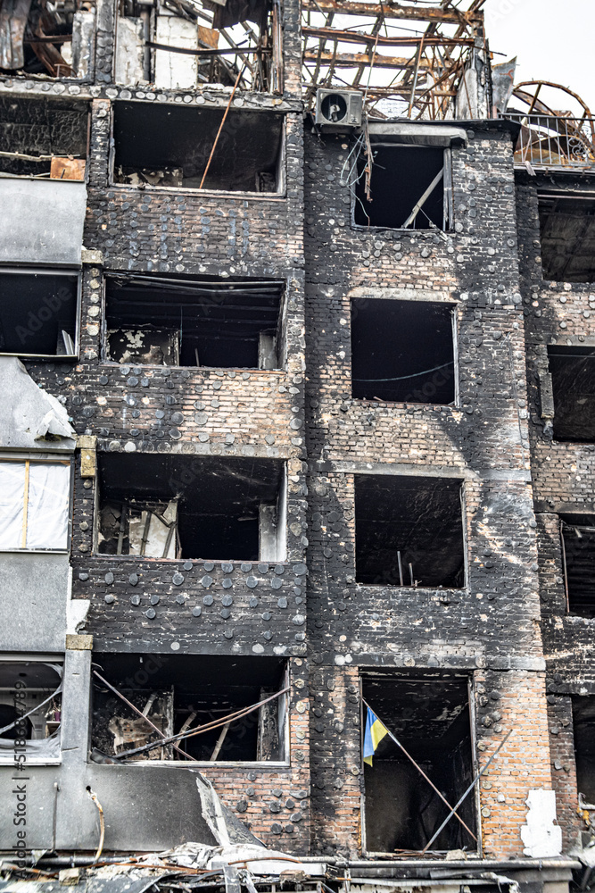 Irpin, Ukraine - May 22, 2022: the consequences of the aggression of the Russian army: shot, bombed, burned apartments and houses