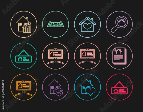 Set line Hanging sign with Open house, House contract, heart shape, For Sale, Rising cost of housing, and plan icon. Vector