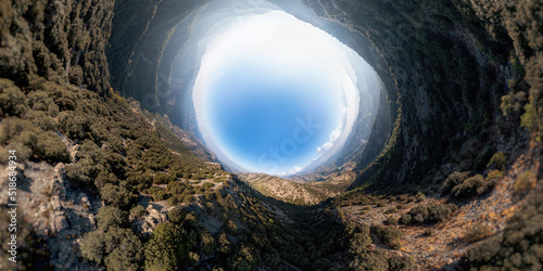 Stereographic panoramic projection of Madari nature trail in Troodos Mountains, Cyprus