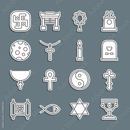 Set line Christian chalice, cross, Tombstone with RIP written, Rosary beads religion, chain, Moon, Jainism and Burning candle icon. Vector