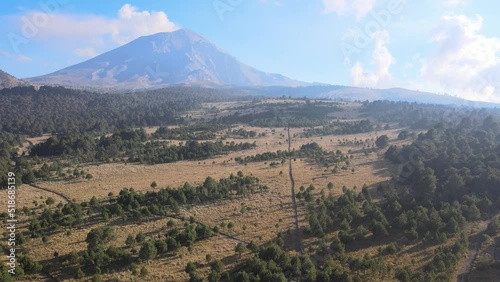 drone shot view from paso de cortez iztaccihuatl popocatepetl natural national park to Popocatepetel volcano smoking  photo