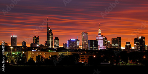 Warsaw, Poland - 14.07.2022: City panorama, Warsaw skyline with at beautiful sunset clouds. photo