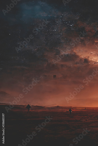 Futuristic fantasy landscape, sci-fi landscape with planet, neon light, cold planet. Dark natural scene, light cube Neon space galaxy portal, space dust, nebula. 3d illustration