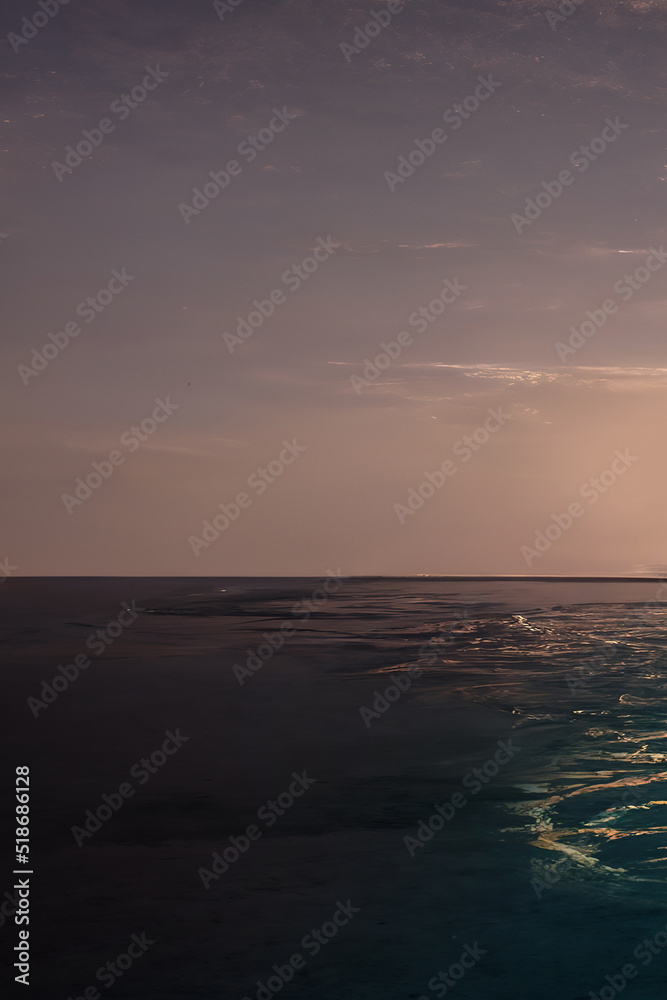 Fototapeta premium Resort holidays in the Maldives. Sunset in the Maldives. Boat on the water, palm tree. 3D illustration.