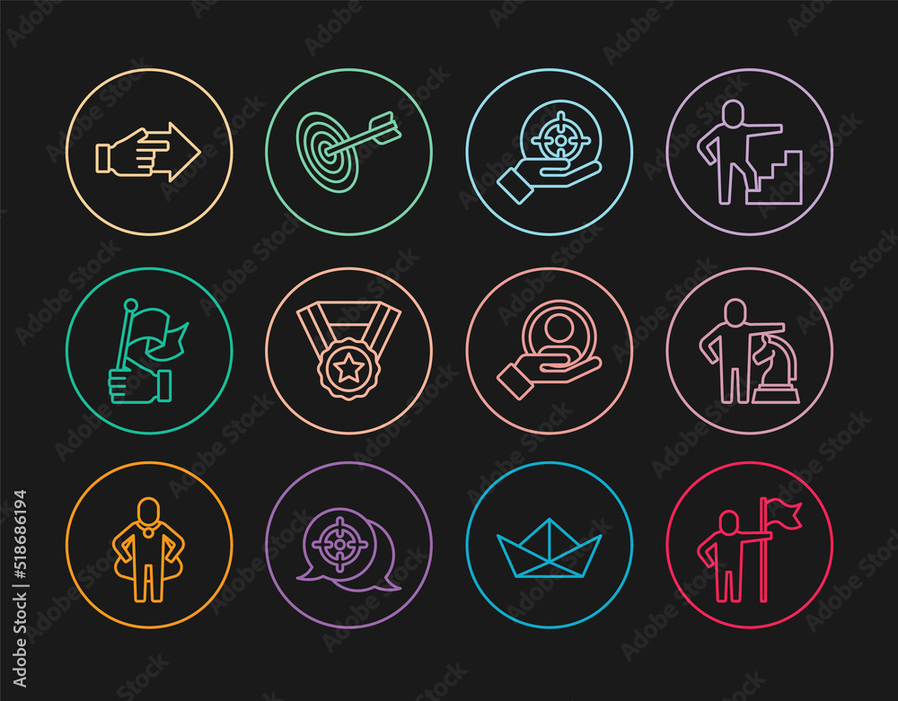 Set line Man holding flag, Chess, Target, Medal, Hand, with pointing finger, for search people and icon. Vector Set line Man holding flag, Chess, Target, Medal, Hand, with pointing finger, for search people and icon. Vector