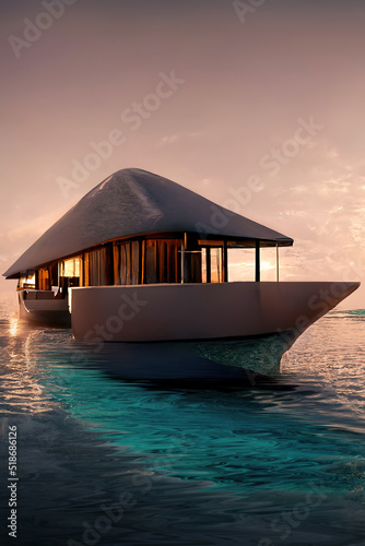 Resort holidays in the Maldives. Sunset in the Maldives. Boat on the water  palm tree. 3D illustration.