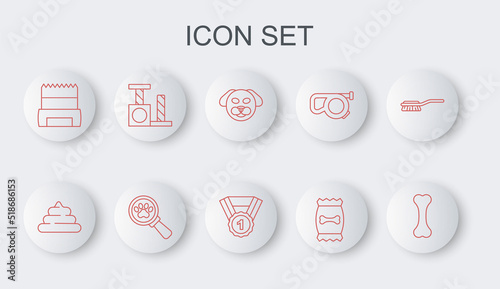 Set line Dog bone, Shit, Bag of food for pet, shit in bag, Cat scratching post, Veterinary clinic and award symbol icon. Vector