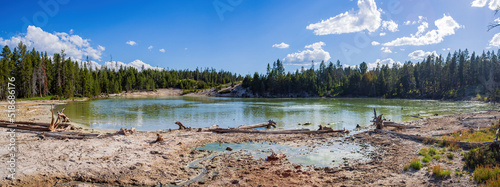 Sunny view of the landscape around Mud Volcano in Yellowstone National Park