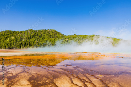 Sunny view of beautiful landscape along Grand Prismatic Spring