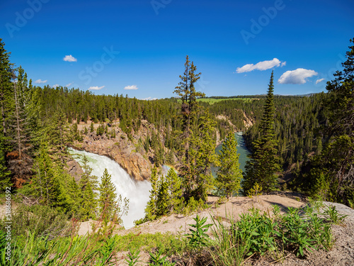Sunny beautiful landscape of Upper Falls View in Yellowstone National Park