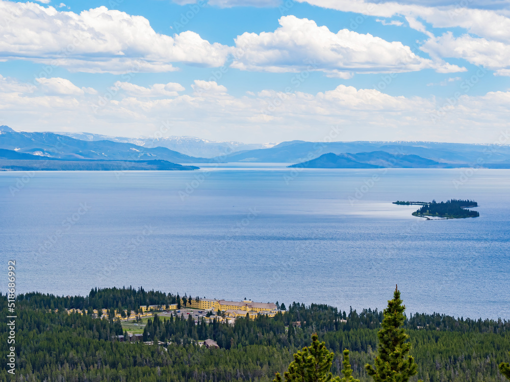 Sunny beautiful high angle view of the Yellowstone Lake landscape and Lake Yellowstone Hotel in Yellowstone National Park