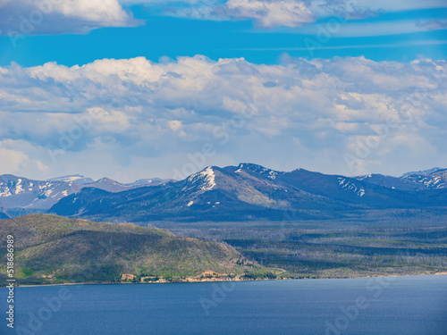 Sunny beautiful high angle view of the Yellowstone Lake landscape in Yellowstone National Park