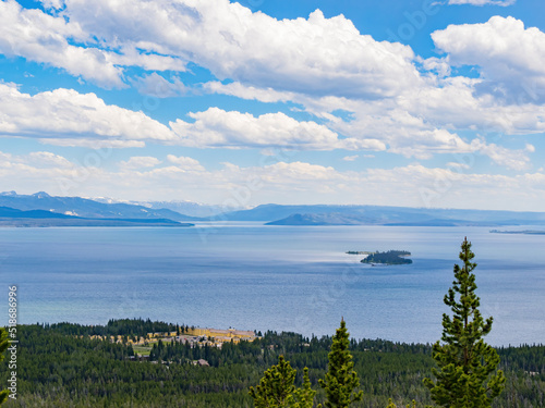 Sunny beautiful high angle view of the Yellowstone Lake landscape and Lake Yellowstone Hotel in Yellowstone National Park