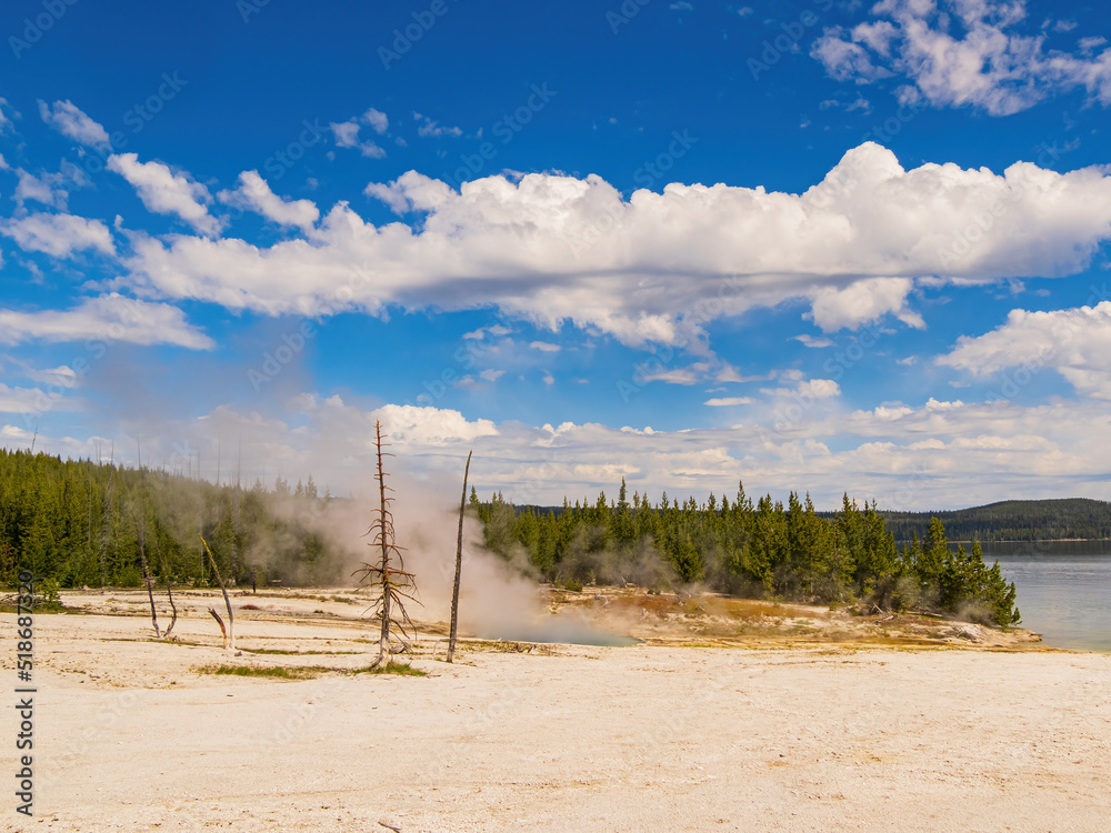 Sunny beautiful West Thumb landscape and Yellowstone Lake in Yellowstone National Park Sunny beautiful West Thumb landscape and Yellowstone Lake in Yellowstone National Park