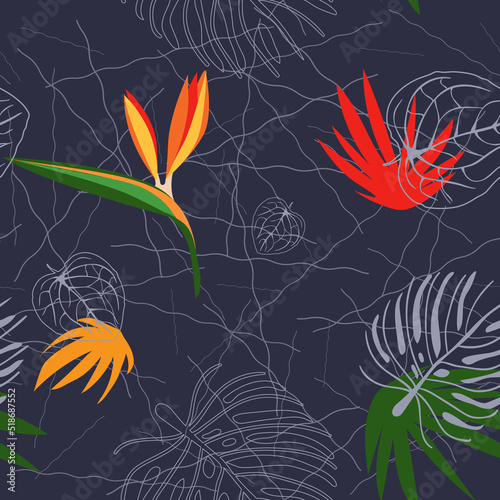Vector tropical hand drawn seamless pattern with flower and palm leaves. Abstract background ideal for wrapping paper, wallpaper and textiles, fashion industry. 
