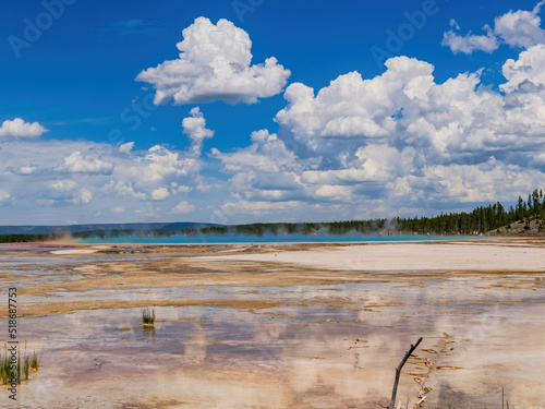 Sunny view of beautiful landscape along Grand Prismatic Spring from ground level