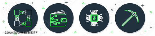 Set line Cryptocurrency wallet, CPU mining farm, Blockchain technology and Pickaxe icon. Vector