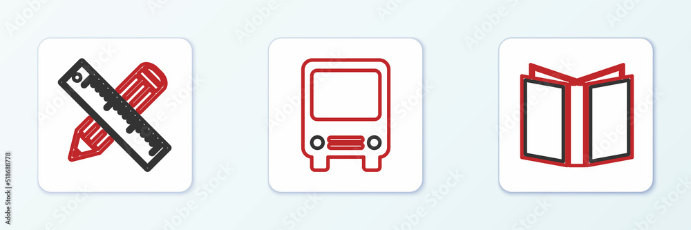 Set line Open book, Crossed ruler and pencil and Bus icon. Vector Set line Open book, Crossed ruler and pencil and Bus icon. Vector