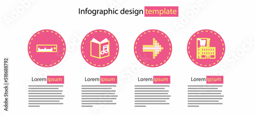 Set line Dots arrow, Mall or supermarket building, Audio book and Ruler icon. Vector