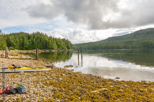 A double kayak on the shore of McLoughlin Bay on British Columbia's Central Coaat in Heiltsuk Territory. photo