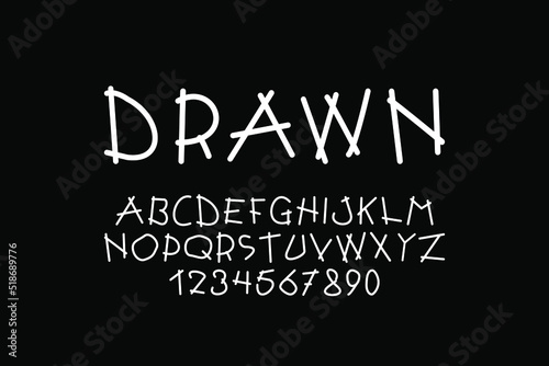 Vector designer cartoon alphabet. Trendy english font. White latin letters and numerals - doodle minimalistic style. New creative 
