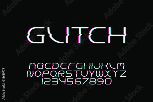 Vector stylized glitch alphabet. Trendy english graphic font. Destorted simple latin letters and numerals. New creative signs typeface