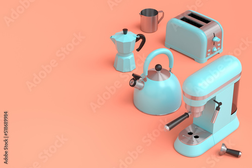 Kettle, toaster, coffee machine with horn and geyser coffee maker on coral
