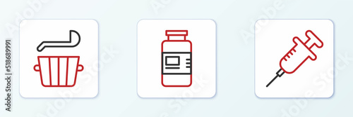 Set line Syringe, Sauna bucket and ladle and Collagen serum icon. Vector
