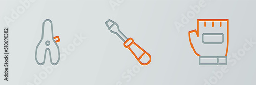Set line Gloves, Bicycle seat and Screwdriver icon. Vector
