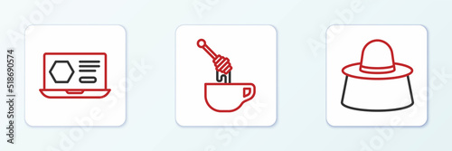 Set line Beekeeper with protect hat, Honey online service and dipper stick honey icon. Vector