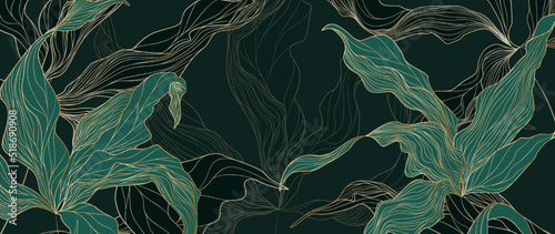 Dark luxury art background with flowers in golden line style. Hand drawn botanical background for wallpaper, decor, print, interior design.