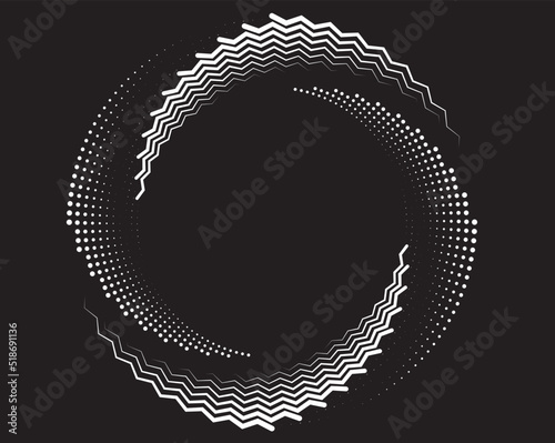 White halftone dots in vortex form. Geometric art. Trendy design element.Circular and radial lines volute, helix.Segmented circle with rotation.Radiating arc lines.Cochlear