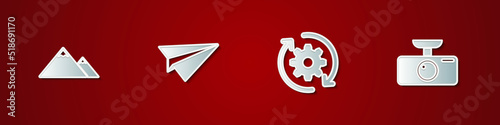 Set Mountains, Paper plane, Gear and arrows as workflow and Car DVR icon. Vector