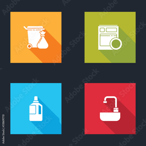 Set Trash can and garbage bag, Kitchen dishwasher machine, Fabric softener and Washbasin with water tap icon. Vector
