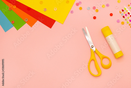 Preparing materials and tools for making children's crafts from colored paper and cardboard. Original project for children. Step-by-step photo instructions. Kids Summer holidays crafts.