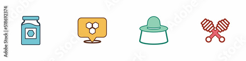 Set Jar of honey, Honeycomb bee location, Beekeeper with protect hat and dipper stick icon. Vector